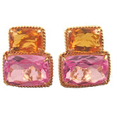 18kt Yellow Gold Light Pink Topaz & Deep Pink Topaz Cushion Cut Earrings with Twisted Rope Border