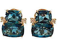 Double Cushion Blue Topaz Stone Diamond Yellow Gold Earrings