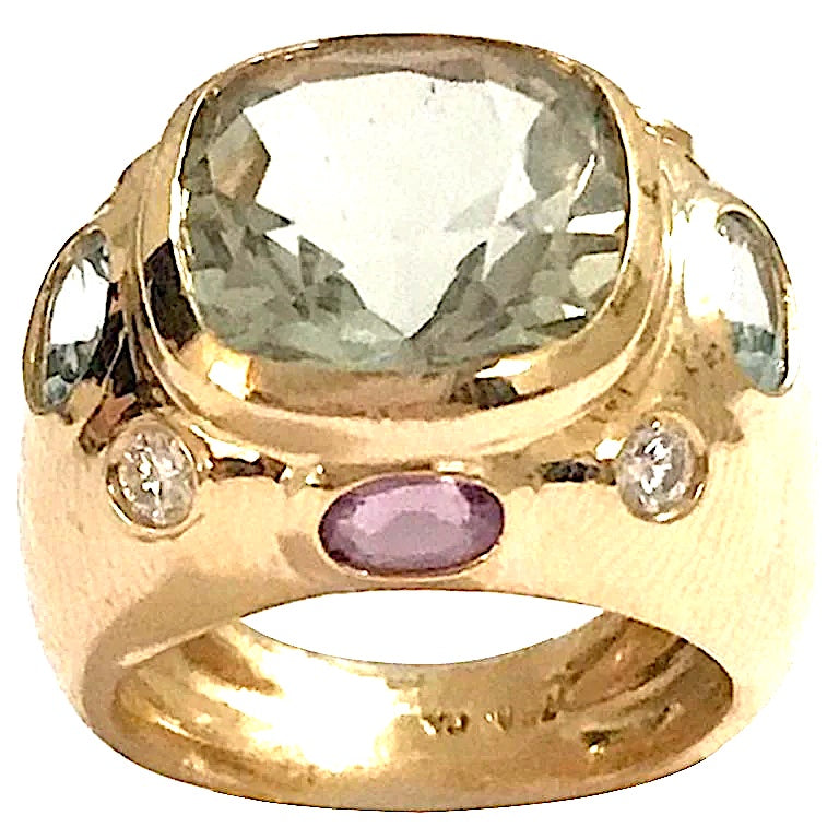 18kt Bonheur Ring with Green Amethyst, Amethyst and Blue Topaz