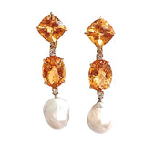 Elegant Three-Stone Drop Earring with Oval Citrine and Baroque Pearl