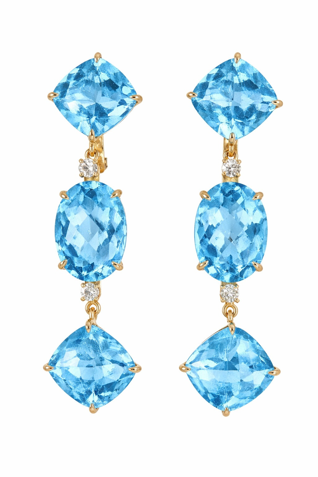 18kt White Gold Blue Topaz and Diamond Three Stone Cushion Drop Earring