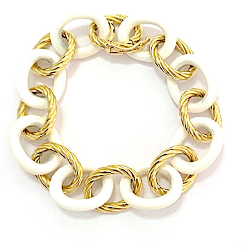 Elegant Alternating Yellow Gold Twist and White Jade Link Bracelet