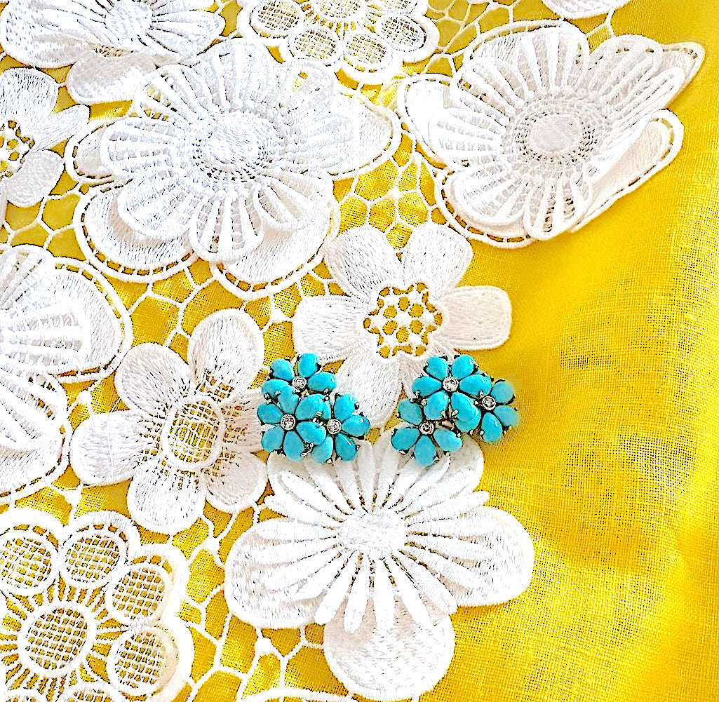 Turquoise Flower Stud Earrings with Diamond Center