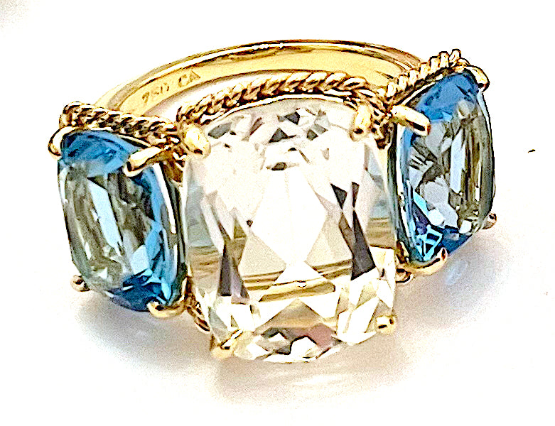 18kt Yellow Gold two tone Pink Topaz Three Stone Ring with Rope Twist Border