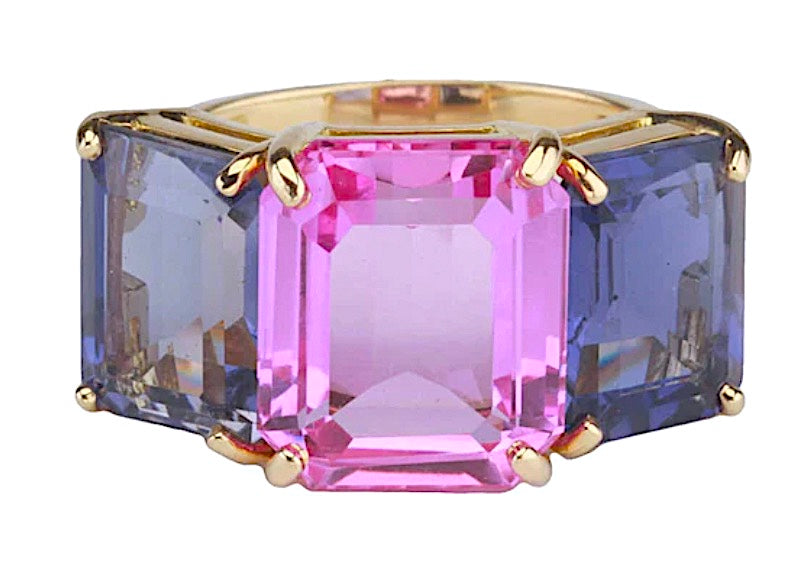 18kt Yellow Gold Mini Emerald Cut Ring with Orange Citrine and Blue Topaz