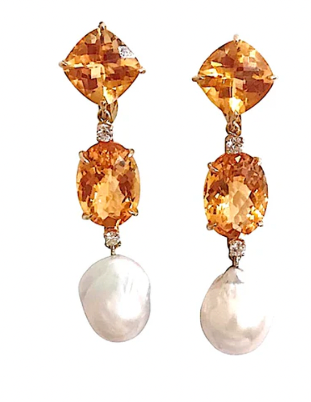 18kt White Gold Blue Topaz and Diamond Three Stone Cushion Drop Earring