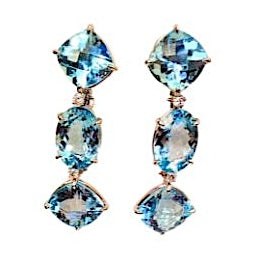 18kt White Gold Blue Topaz and Diamond Three Stone Cushion Drop Earring