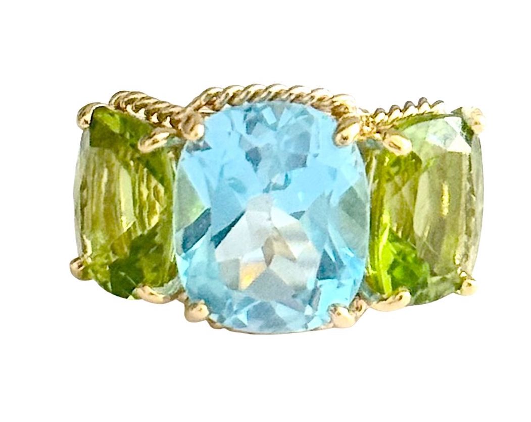 Mini Blue Topaz and Peridot Three Stone Ring with Rope Twist Border