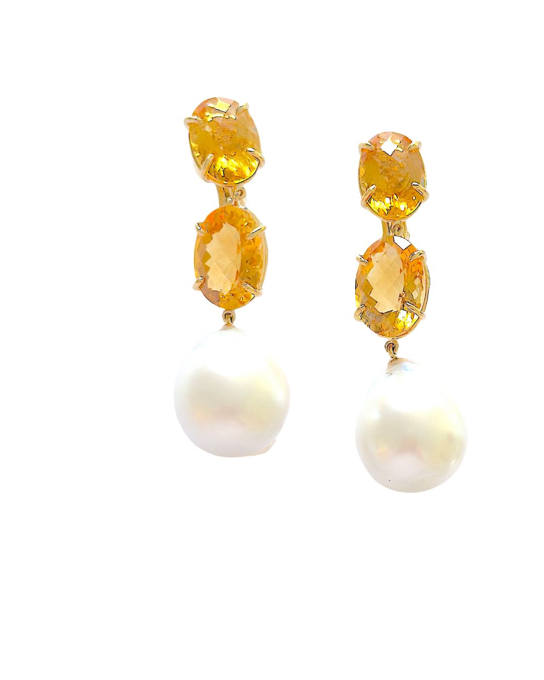 Elegant Three-Stone Drop Earring with Oval Citrine and Baroque Pearl