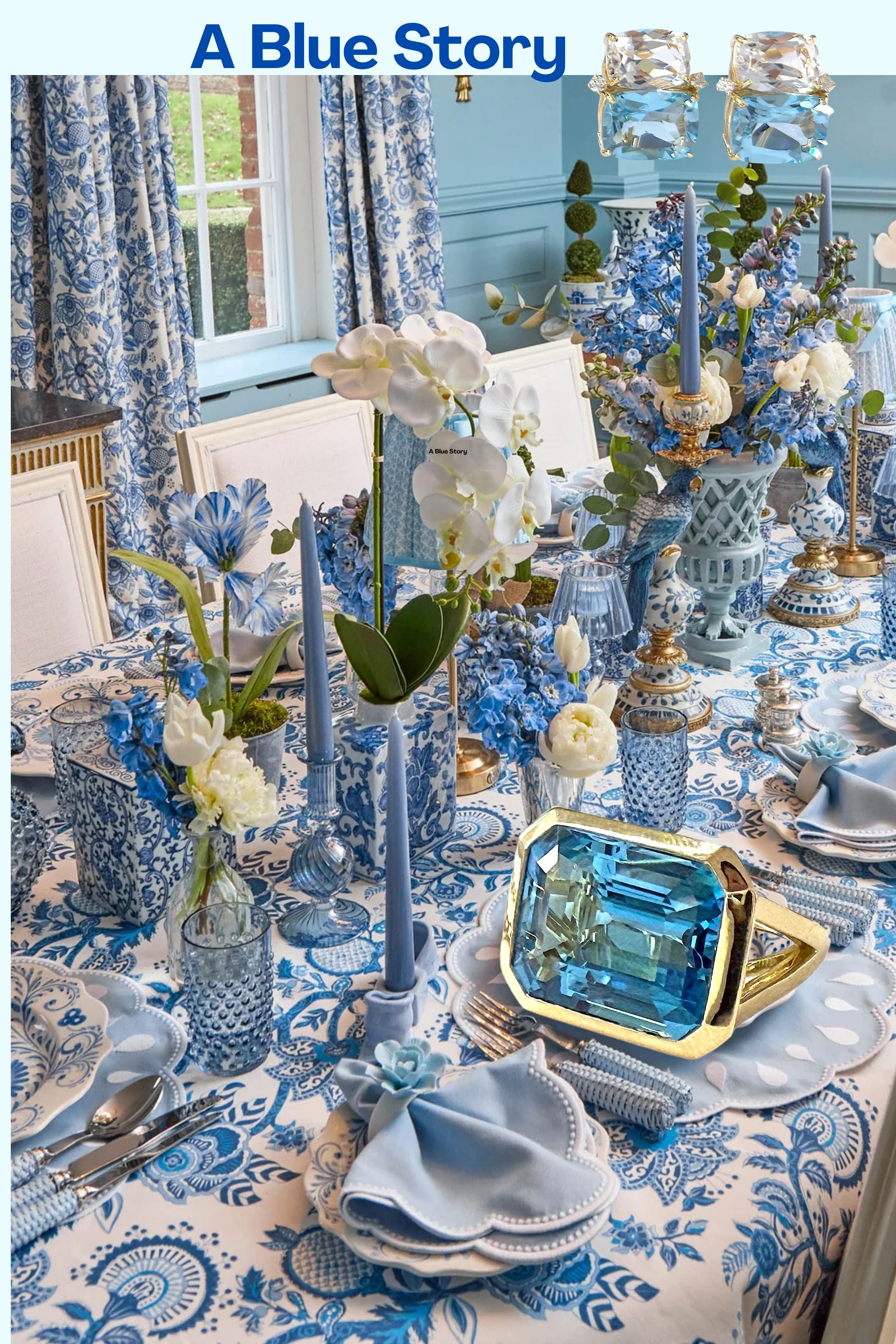 Large Two Stone Cushion Cut Earring with Rock Crystal and Blue Topaz