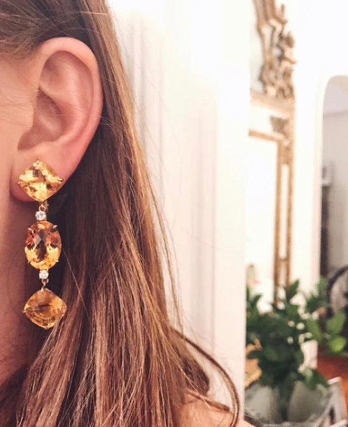 18kt White Gold Blue Topaz and Diamond Three Stone Cushion Drop Earring