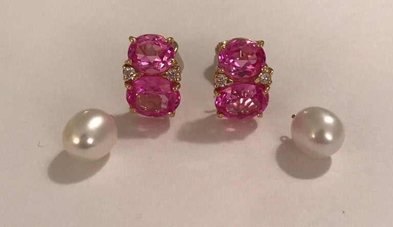 Medium GUM DROP™ Earrings with Pink Topaz and Blue Topaz and Diamonds with Detachable Pearls