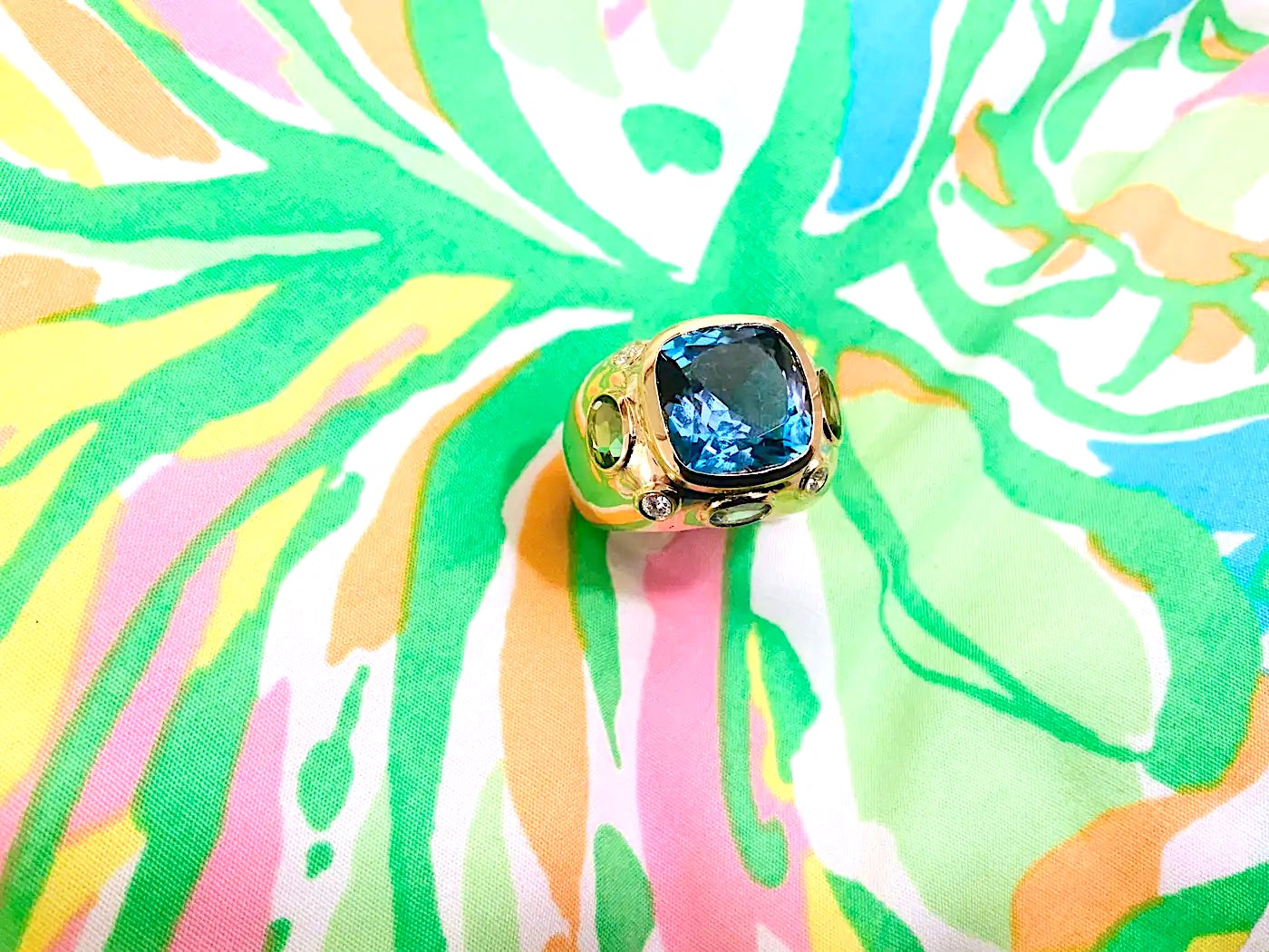 Bonheur Ring with Blue Topaz, Amethyst and Diamond Domed Ring