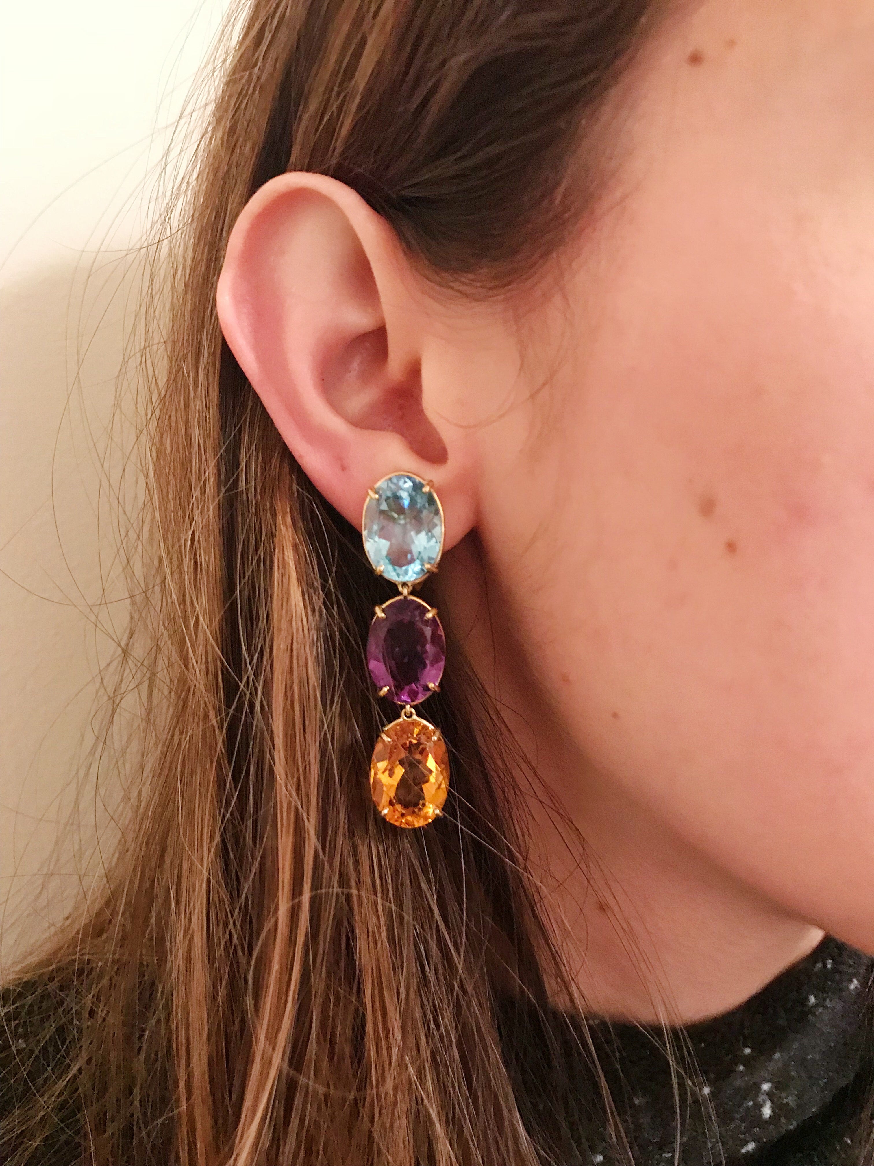 Elegant Three-Stone Drop Earring with Blue Topaz and Baroque Pearl