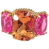 Citrine pink topaz gold Three Stone Ring with Rope Twist Border