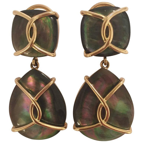 Large 18kt Yellow Gold Abalone Cushion and pear shaped Drop Earrings with Twisted Gold Detail