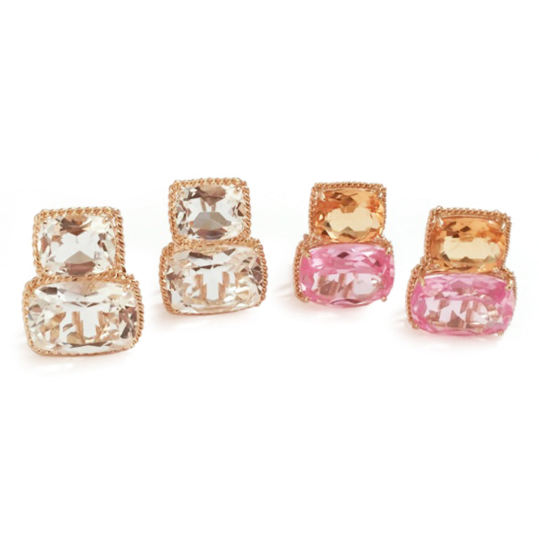 18kt Yellow Gold Light Pink Topaz & Deep Pink Topaz Cushion Cut Earrings with Twisted Rope Border