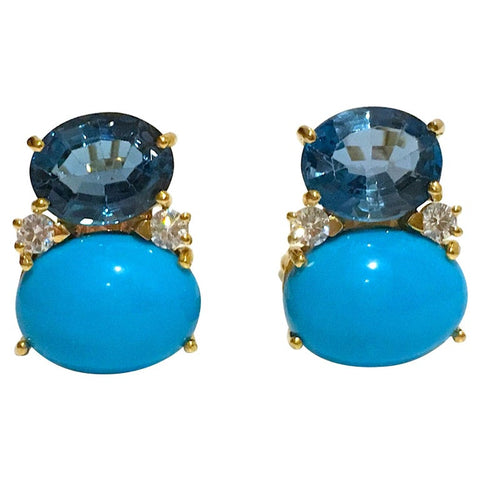 Large GUM DROP™ Earrings with Blue Topaz and Cabochon Turquoise and Diamonds