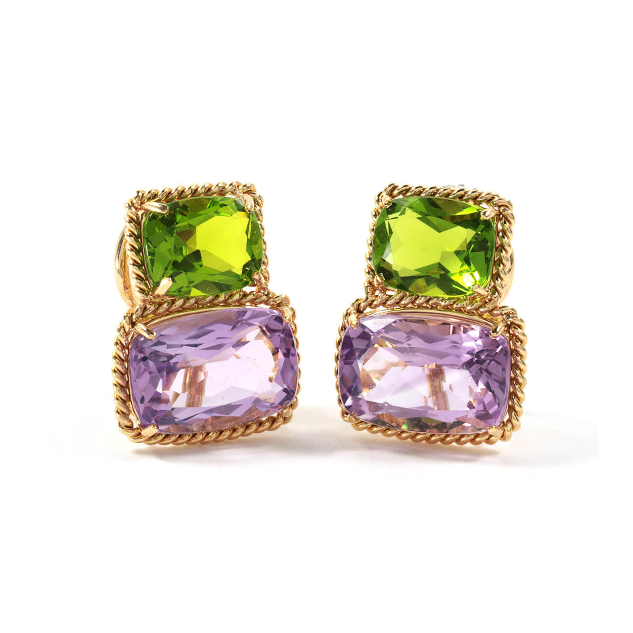 18kt Yellow Gold Two Stone Cushion Cut Earring with Rope Twist Border