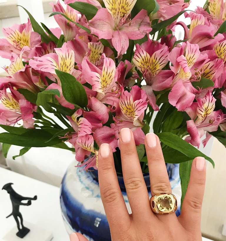 Bonheur Ring, Blue Topaz and Pink Topaz and Diamond Yellow Gold Domed Ring
