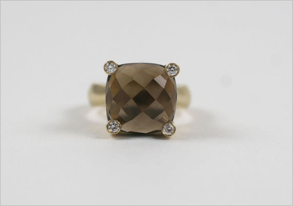 18kt Yellow Gold faceted Cushion Ring with Smoky Topaz and Diamonds –  Christina Addison Jewelry Designs