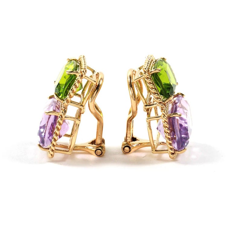 18kt Yellow Gold Medium Cushion Cut Earring with Rope Twist Border with Blue Topaz and Pink Topaz