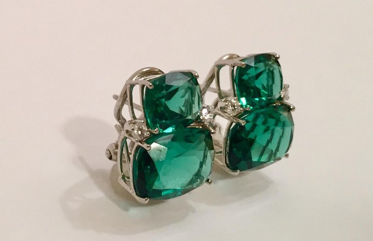 Double Cushion Green Quartz Earrings with Detachable Pearls