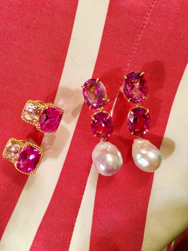 18kt Yellow Gold Medium Two Stone Cushion Cut Clip Earring with Rope Twist Border