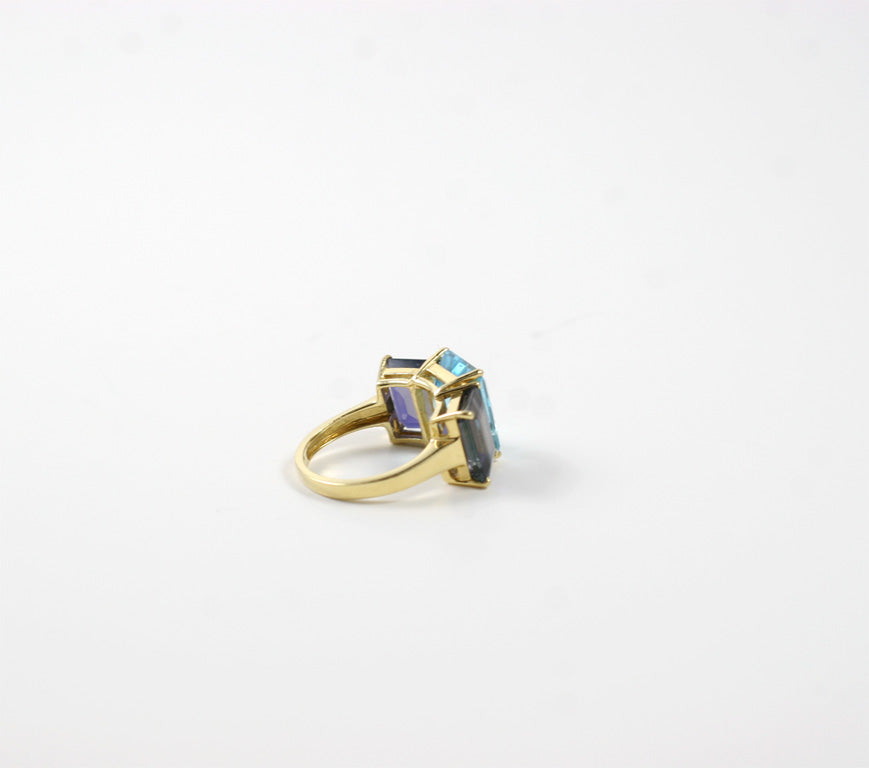 18kt Yellow Gold Emerald Cut Ring with Blue Topaz and Iolite