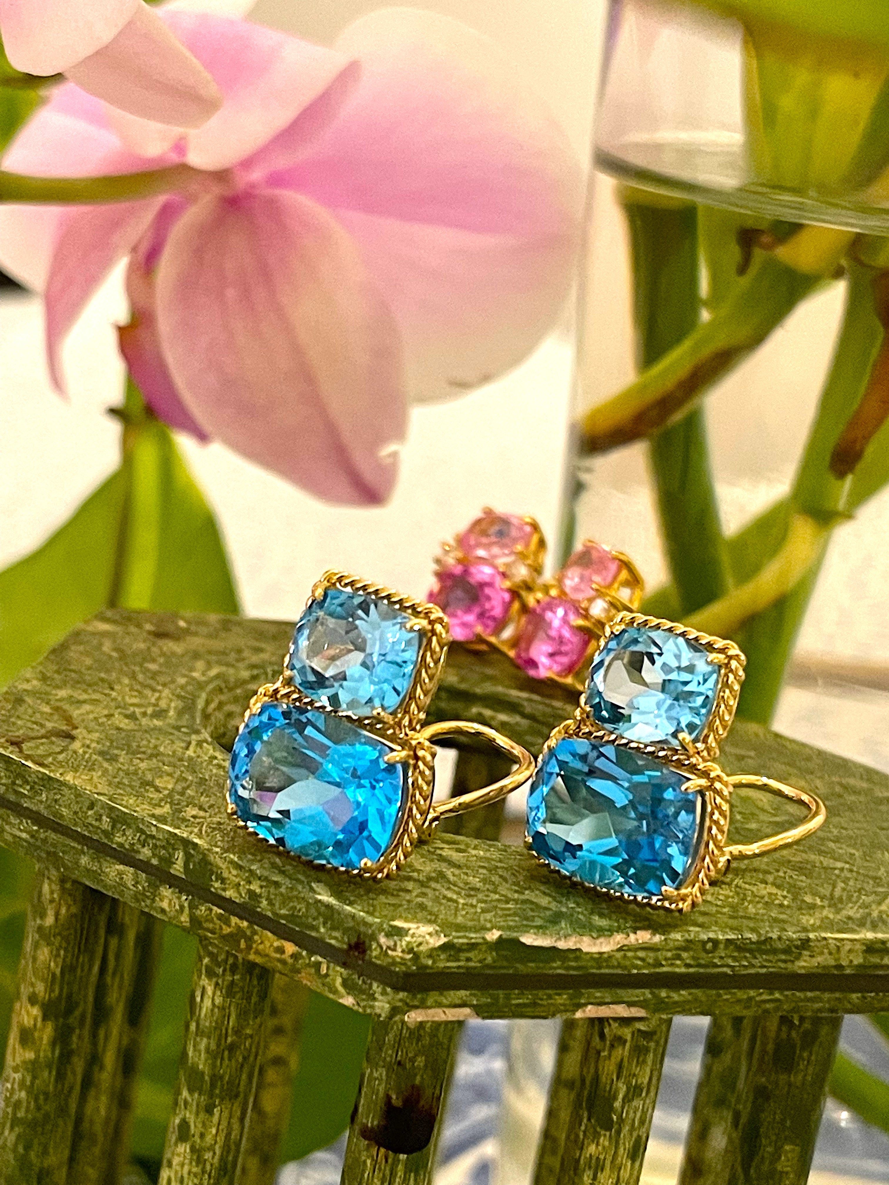 18kt Yellow Gold Cushion Cut Earring with Rope Twist Border with Blue Topaz and Green Quartz