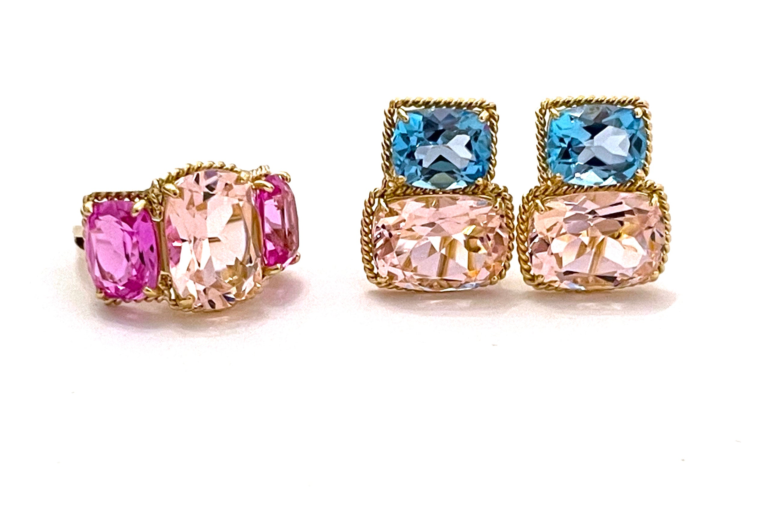 18kt Yellow Gold Medium Cushion Cut Earring with Rope Twist Border with Blue Topaz and Pink Topaz