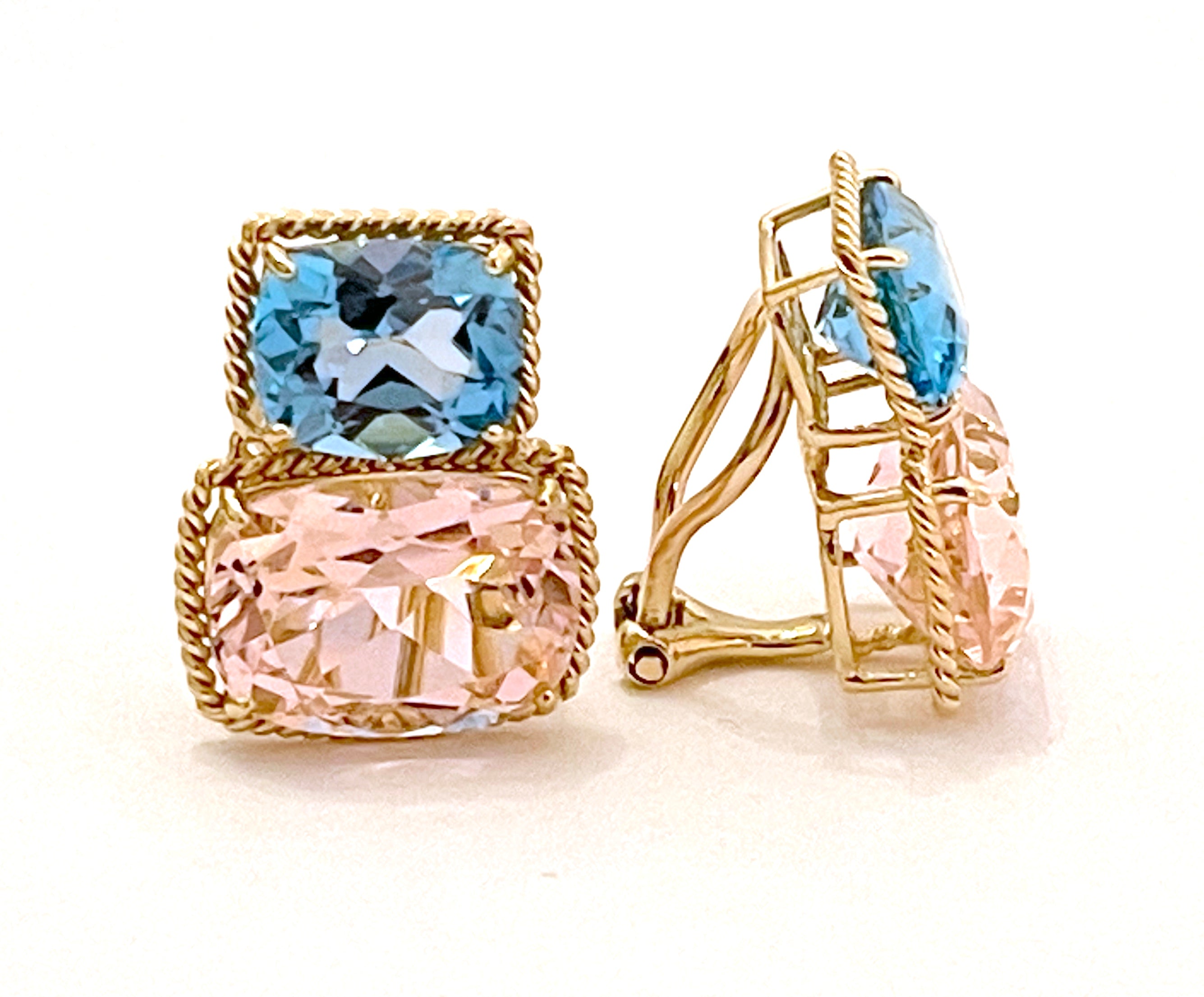 18kt Yellow Gold Light Pink Topaz & Deep Pink Topaz Cushion Cut Earrings with Twisted Rope Border