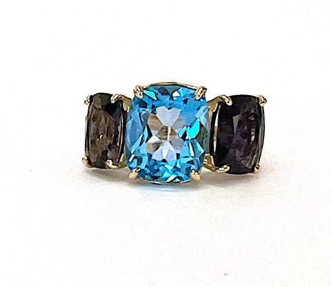 Blue Topaz and Iolite Three Stone Cushion Cut Ring