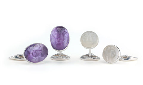 White Gold Plated Silver Carved Face Cufflinks