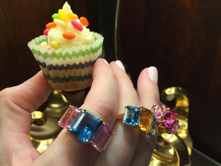 18kt Yellow Gold Mini Emerald Cut Ring with Pink Topaz and Blue Topaz
