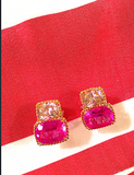 18kt Yellow Gold Light Pink Topaz & Deep Pink Topaz Cushion Cut Earrings with Twisted Rope Border