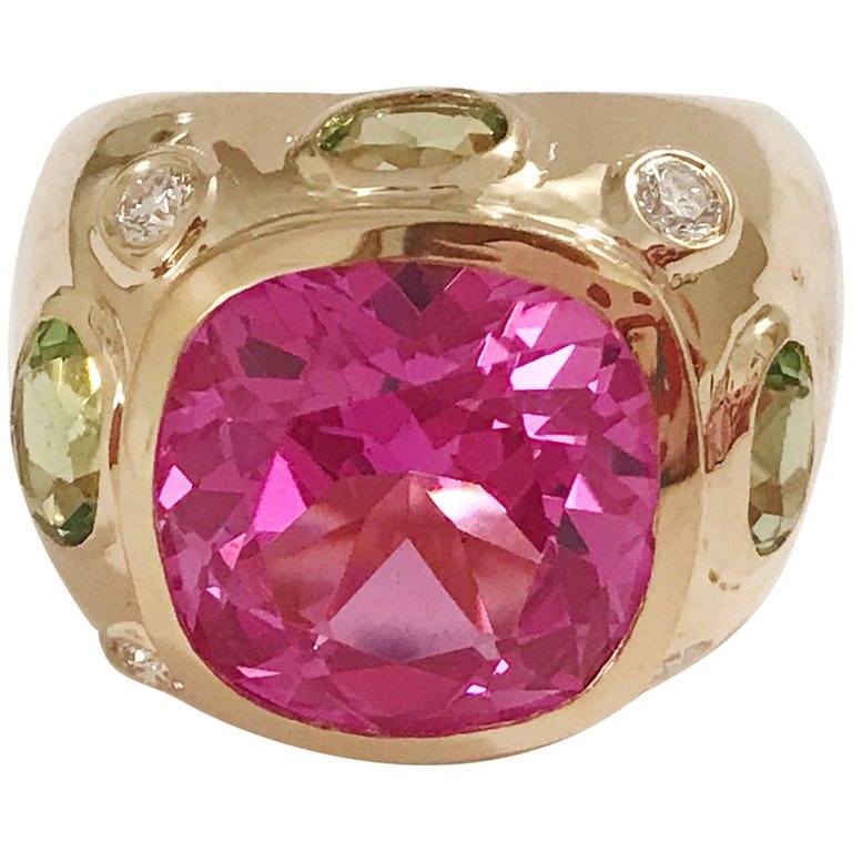 Bonheur Ring, Pink Topaz and Peridot and Diamond Yellow Gold Domed Ring