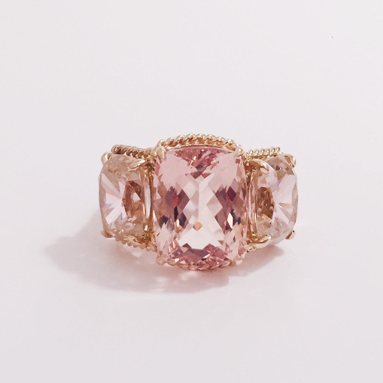 Elegant Three Stone Morganite and Pink Topaz Ring with Gold Rope Twist Border