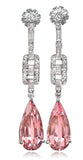 Elegant Three-Stone Drop Earring with Peridot, Pink Topaz, Baroque Pear and Diamonds