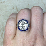 Platinum Cushion Cut Diamond and Sapphire Halo set Ring