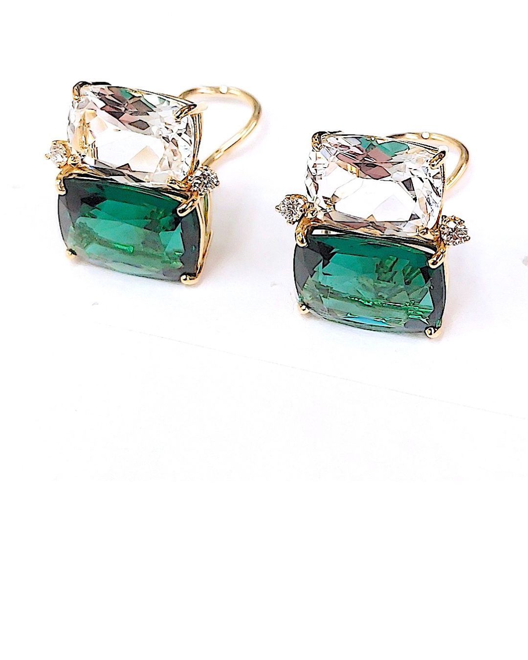 Large Two Stone Cushion Earring with Rock Crystal and Green Quartz