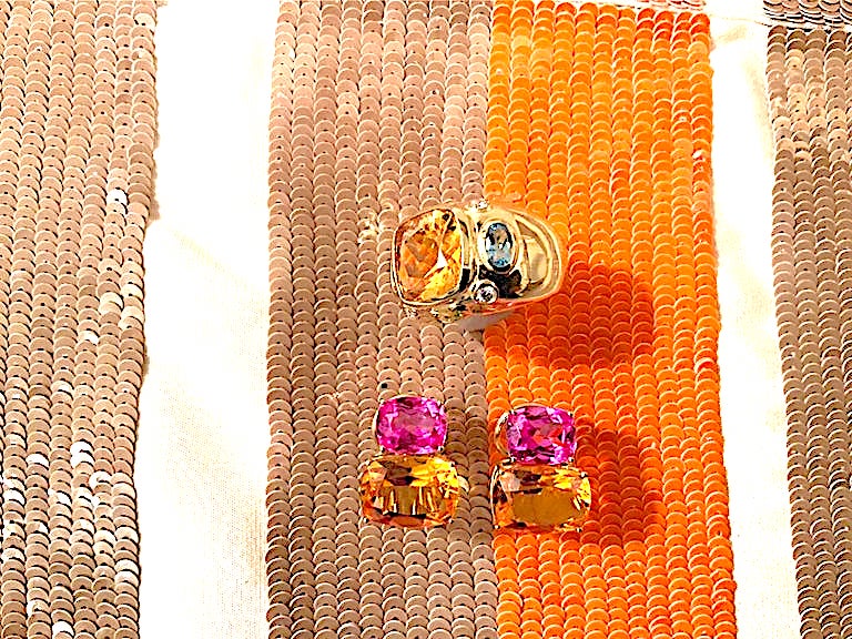Yellow Gold Double Cushion Earrings with Pink Topaz and Orange Citrine