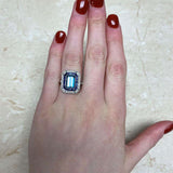 Platinum Cushion Cut Diamond and Sapphire Halo set Ring