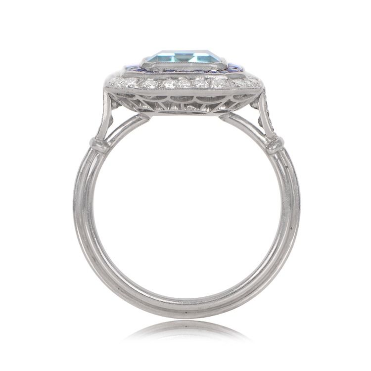 Platinum Deco style Aquamarine Sapphire and Diamond ring