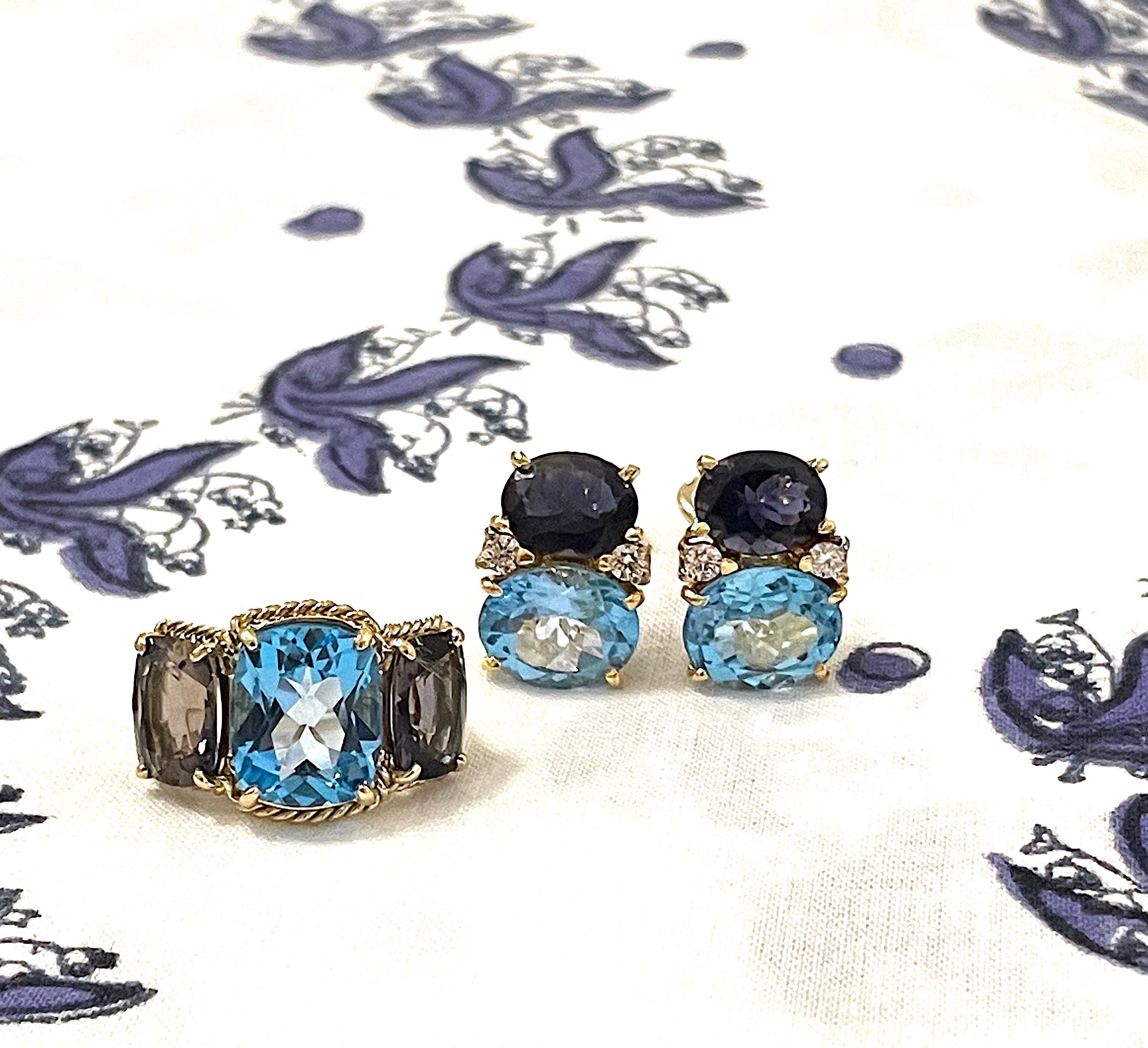 Large GUM DROP™ Earrings with Blue Topaz and Cabochon Smoky Topaz and Diamonds
