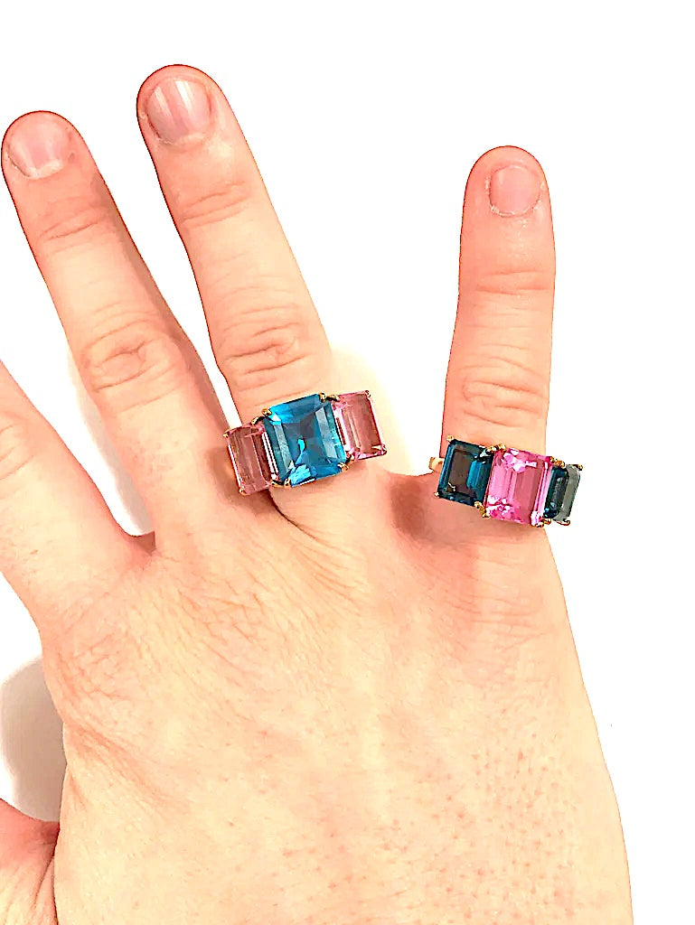 18kt Yellow Gold Mini Emerald Cut Ring with Blue Topaz and Citrine