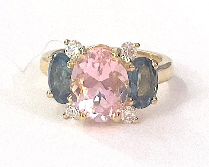 Small GUM DROP™ Ring with Bright Pink Topaz and Blue Topaz and Diamonds