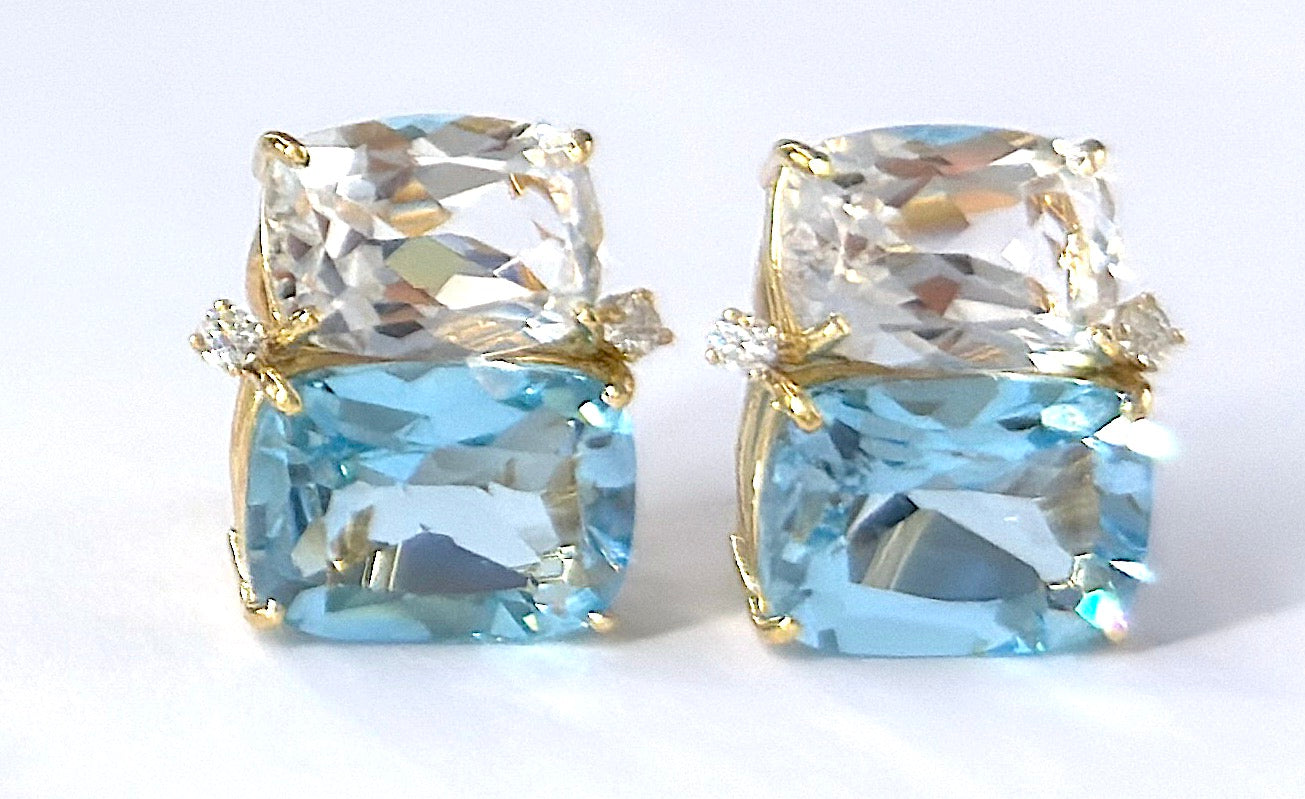 Large Two Stone Cushion Cut Earring with Rock Crystal and Blue Topaz
