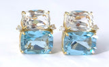 Large Two Stone Cushion Cut Earring with Rock Crystal and Blue Topaz