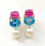 Medium GUM DROP™ Earrings with Pink Topaz and Blue Topaz and Diamonds with Detachable Pearls